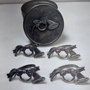 Vintage 1986 MET Pewter Napkin Rings Set of 4 French Horn Bow with Tin Silver